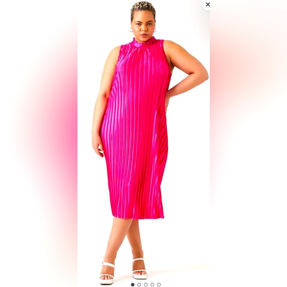 Forever 21+ Hot Pink Pisse Pleated Mock Neck Sleeveless Midi A-line Dress 2X - Picture 1 of 12